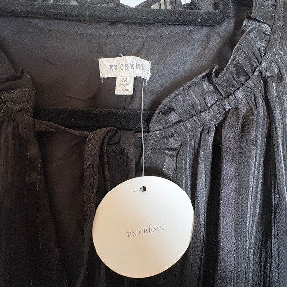 NWT En Creme Black Metallic Ruffle Tie Neck Midi Dress Medium Whimsigoth Vampire - Picture 7 of 13